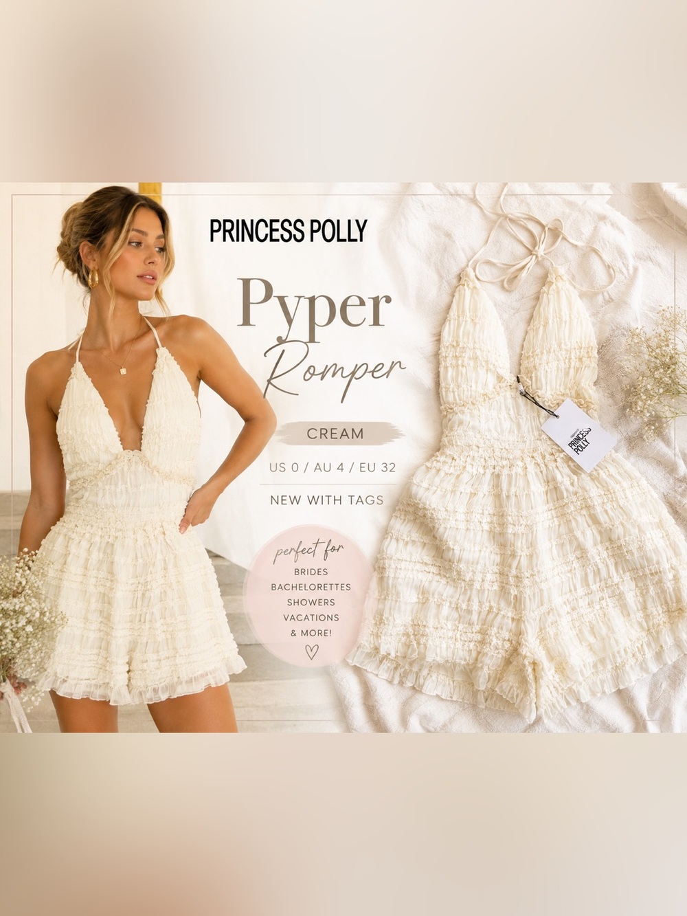 Princess Polly Pyper Romper US 0 Cream Ruffle Halter Bridal NWT